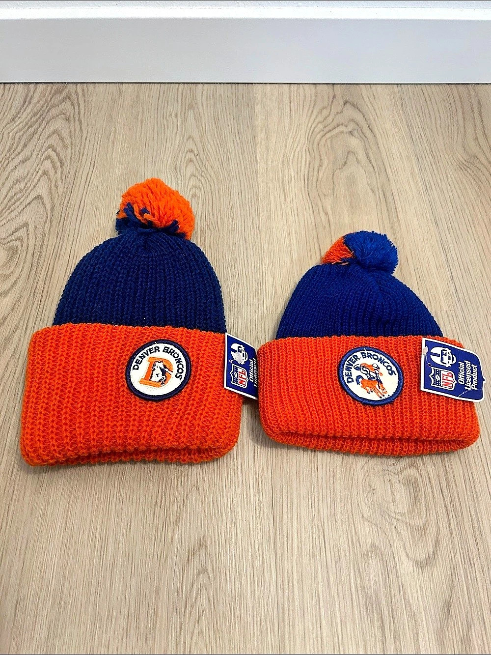 Vintage NFL Denver Broncos Pom-Pom Knit Beanies Orange/Blue NEW with tags BUNDLE